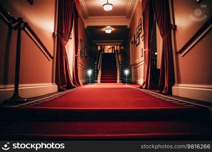 Red carpet on stairs indoors with curtains. Illustrations generator AI 