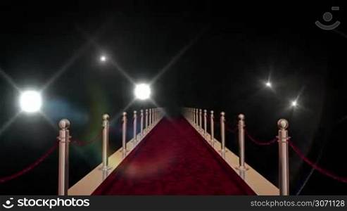 Red carpet with gold barriers, velvet ropes and flashlights in the background. 3D rendering in 16bit with alpha matte channel.