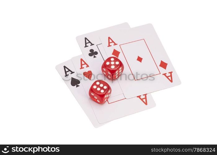 Red Casino Dice And Four Aces Playing Cards