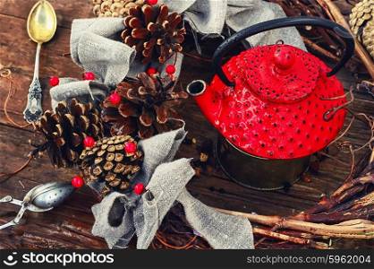 red cast iron kettle and cane wreath