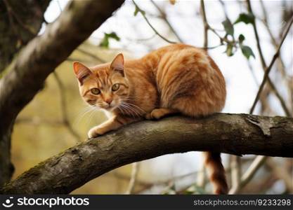Red cat on tree branch. Natural pet. Generate Ai. Red cat on tree branch. Generate Ai