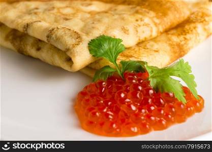 red caviar and pancakes for breakfast