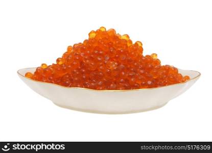 Red caviar in a plate on a white background.