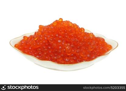 Red caviar in a plate on a white background.
