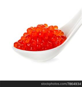 Red caviar in a spoon isolated on white background