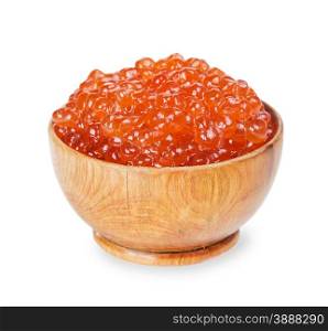 Red caviar in a wooden bowl Isolated at white closeup