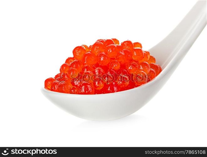 Red caviar in spoon isolated on white background