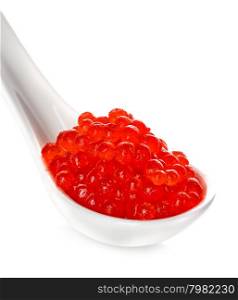 Red caviar in spoon isolated on white background