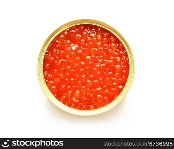 red caviar in the open metal container isolated on white