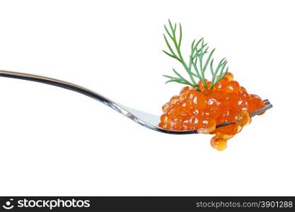 Red caviar on a metal fork isolated on white background