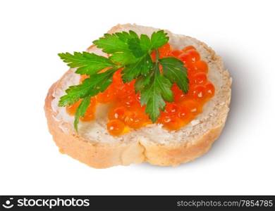 Red caviar on the bread and butter isolated on white background