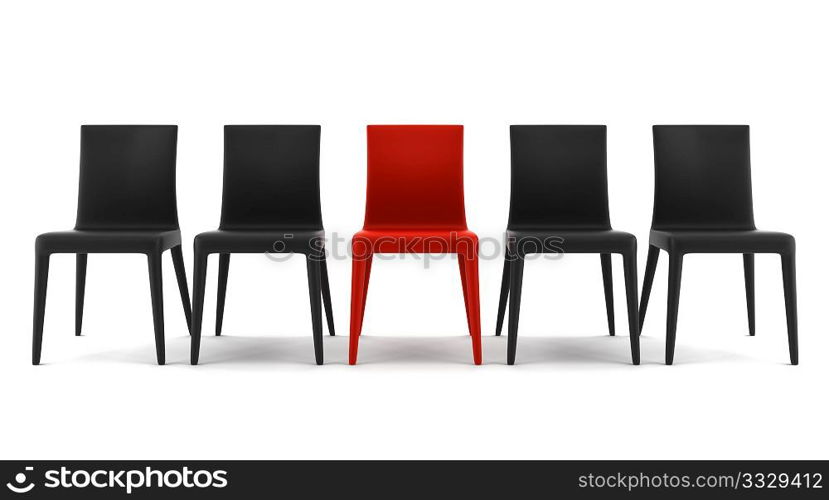 red chair among black chairs isolated on white background