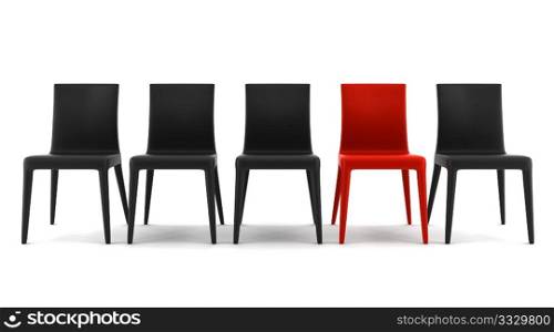red chair among black chairs isolated on white background