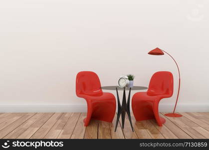 Red chair and rad lamp on empty white wall background. 3D rendering