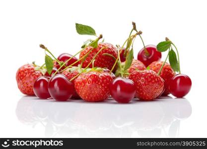 Red cherry with strawberry on white