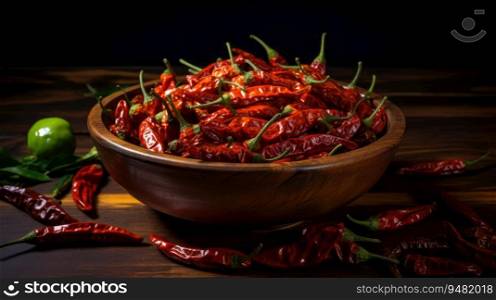 Red chili peppers in a bowl on the table. Generative AI