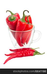red chili peppers in cup isolated on white background