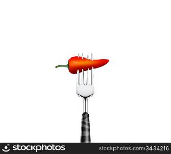 red chilies pierced by forks isolated on white background