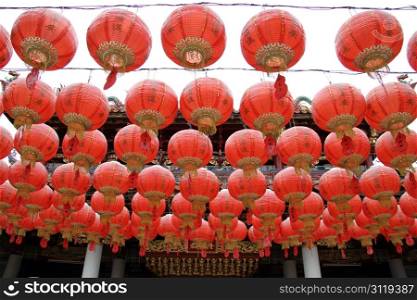 Red chinese lamps near the roof of temple, China
