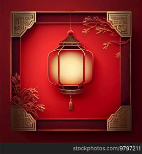 Red Chinese New Year Background with Golden Frame. Generative AI