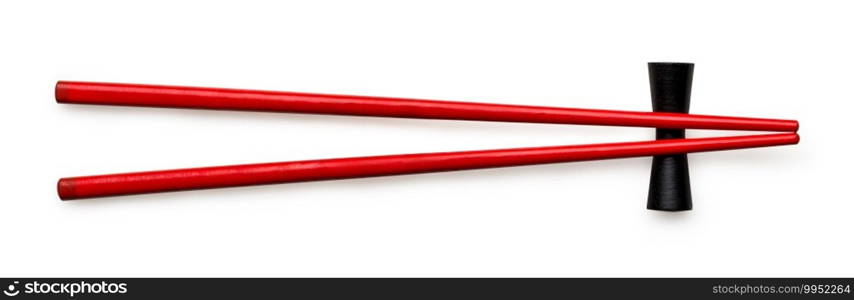 Red chopsticks on black stand isolated on a white background. Sticks on a stand