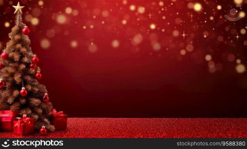 Red christmas background with Christmas tree with place for text