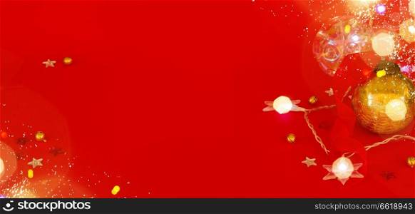 red Christmas background with stars light and golden ball. new year background