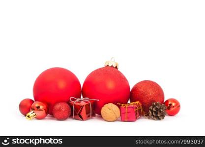 Red christmas balls on white background