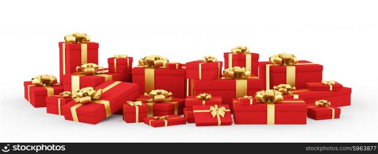 Red christmas gift boxes, presents with golden bows and ribbons isolated 3d rendering