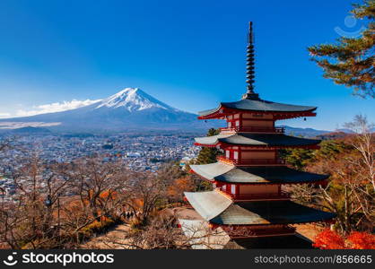 Red Chureito Pagoda and Snow covered Mount Fuji blue sky in autumn. Shimoyoshida - Arakurayama Sengen Park in Fujiyoshida near Kawaguchigo