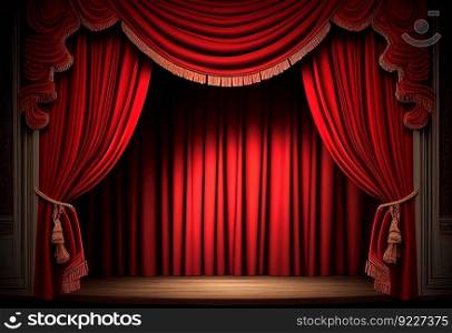 Red classical curtain and empty theatre stage illustration. AI generative.