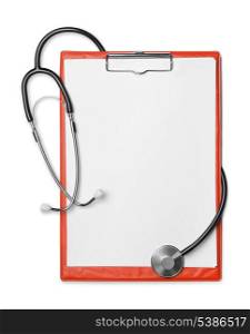 Red clipboard and stethoscope isolated on white