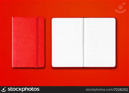 Red closed and open lined notebooks mockup isolated on colorful background. Red closed and open lined notebooks isolated on colorful background