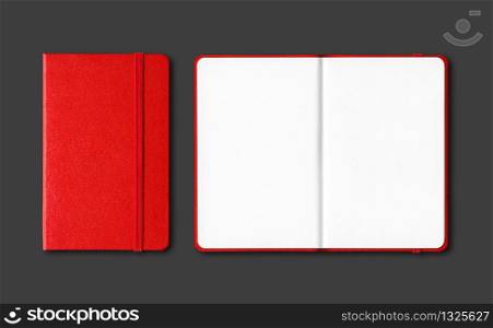 Red closed and open notebooks mockup isolated on black. Red closed and open notebooks isolated on black