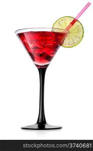 Red cocktail with lime isolated on white