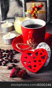 Red coffee Cup decorated with linked hearts and grain