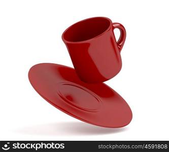 Red coffee cup falling on white background