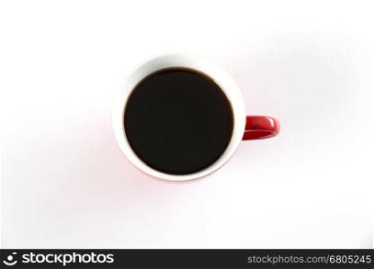 red coffee cup on white background - top view