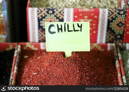 red colored set of dried chilly spice in the oriental store