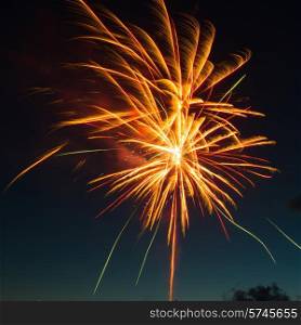 Red colorful fireworks on blue sky background
