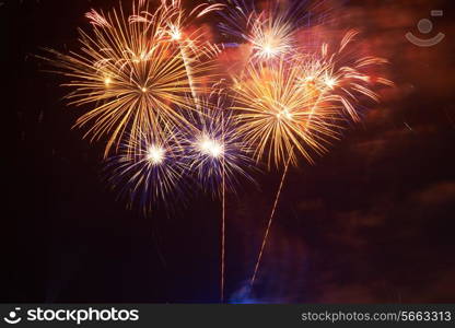 Red colorful fireworks on the black sky background