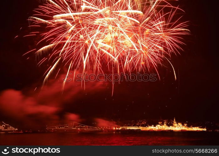 Red colorful fireworks on the black sky background