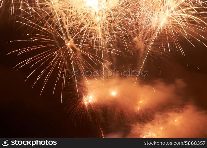 Red colorful fireworks on the black sky background