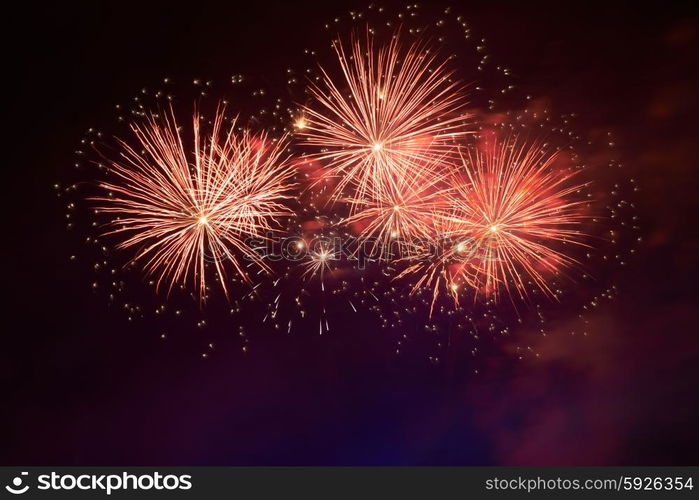 Red colorful fireworks on the black sky background