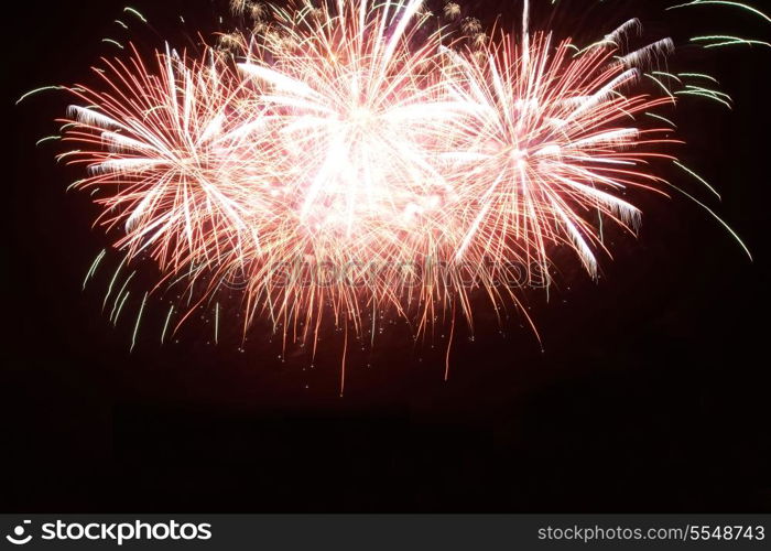 Red colorful holiday fireworks on the black sky background.