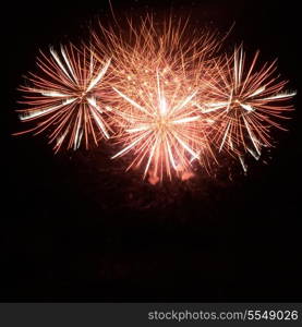 Red colorful holiday fireworks on the black sky background.