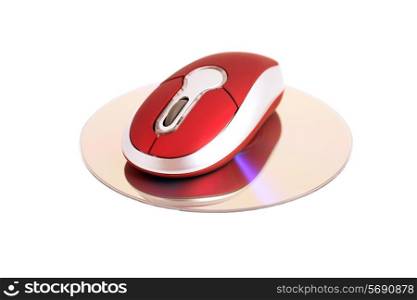 red computer mouse with laser disc isolated on white background