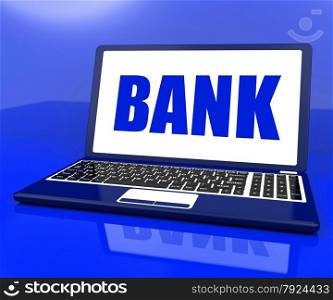 Red Computer On Desk With White Copyspace. Bank On Laptop Showing Online Or Electronic Banking