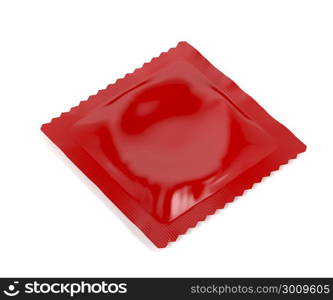 Red condom packaging on white background
