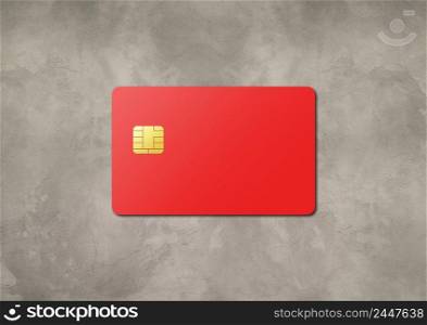 Red credit card template on a concrete background. 3D illustration. Red credit card on a concrete background